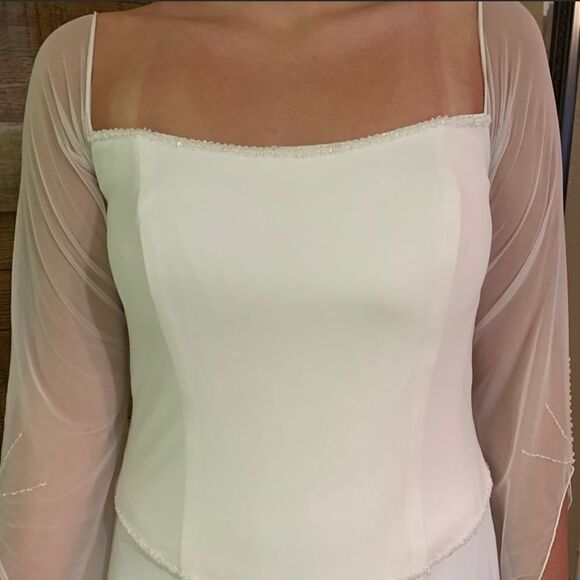 Kathryn LaCroix white nee wedding dress gown beading sheer long sleeves, size 10 - Picture 3 of 13